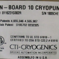 Brooks Automation CTICryogenics OnBoard 10 Cryopump 8116231G002R 8112578G001