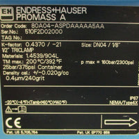 Endress Hauser Promass 80 Flowmeter 80A04ASPDAAAAA5AA 2055VAC/1662VDC