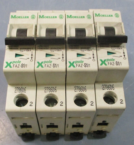 (Lot of 4) Moeller Xpole FAZ-S1/1 Supplementary Circuit Breaker 277VAC, 10kA