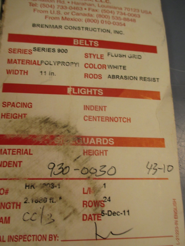 Intralox Series 900 Flush Grip White Conveyor Belt 11" Width 9300030