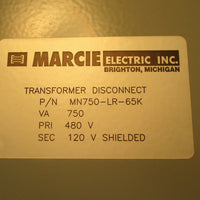 Marcie Electric MN750-LR-65K Transformer Disconnect VA 750, PRI 480V, Sec 120V