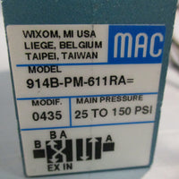 Mac Valves 914B-PM-611RA Solenoid Valve 25-150PSI 24VDC 8.5W