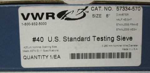 VWR 57334570 #40 U.S. Standard Testing Sieve 8" Dia 0.280mm Wire Dia