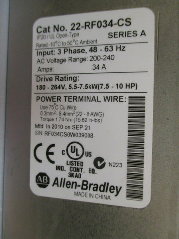 AllenBradley Line Filter Series A Cat# 22RF034CS0