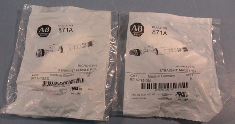 Lot of (2) Allen Bradley 871A-TS5-DM Series B Micro 5-Pin Plug Straight Male PG7