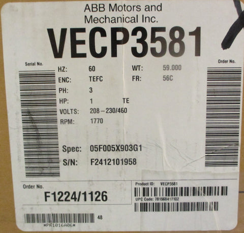Baldor Reliance VECP3581 Severe Duty XEX Motor 1HP 1770RPM 5/8" Shaft Dia
