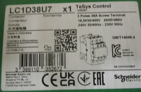 Schneider Electric LC1D38U7 TeSys Control Contactor 3 Poles 38 A 20 HP 480 V