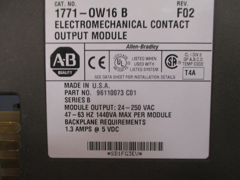 Allen Bradley PLC5 Electromechanical Contact Output Module 1771-OW16 /B