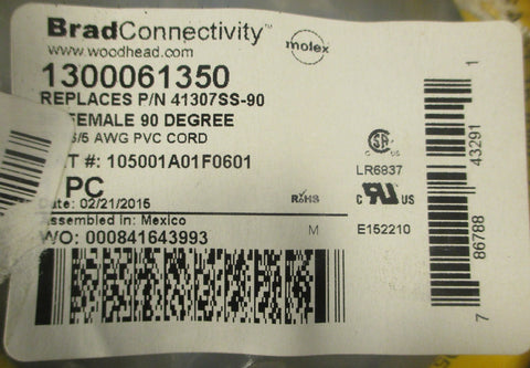 Molex 1300061350 Cordset Woodhead Brad Connectivity Replaces 41307SS90