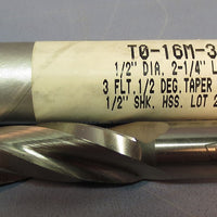 Weldon 1/2° Tapered End Mill: T0-16M-3,1/2"DIA,1/2"SHK, 2-1/4"LOC, 3FL, HSS, USA