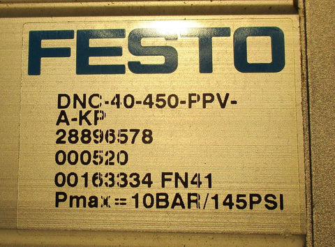Festo Pneumatic Cylinder DNC-40-450-PPV-A-KP 145Psi 450mm Stroke