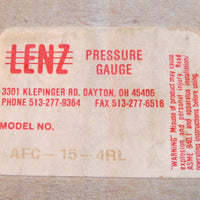Lenz AFC154RL Pressure Gauge 3.5" Face 015 PSI 1/2" Threaded Connection Used
