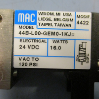 Mac 44BL00GEM01KJ Solenoid Valve 24 VDC 16 WATTS Vac to120 PSI
