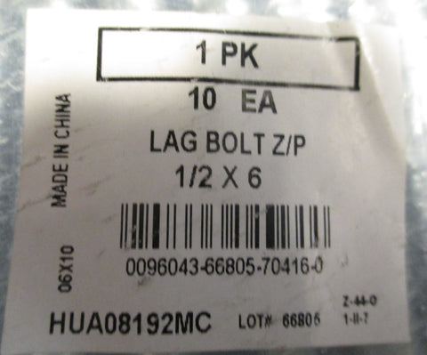 Lag Bolt Z/P 1/2 x 6 Zinc Plated Lag Screw Hex Head 6" Long (Lot of 70)