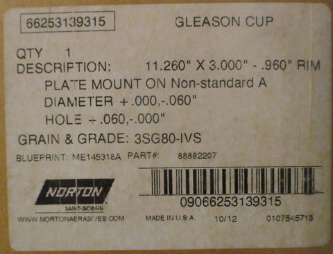 Norton 3SG80IVS Grinding Wheel 11.260" x 3"  .960" Rim 66253139315 1865RPM Max