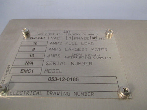 JBT Vibratory Box, Control, Assembly, Emc1 208-240VAC 1 Phase, 60 Hz 053-12-0165