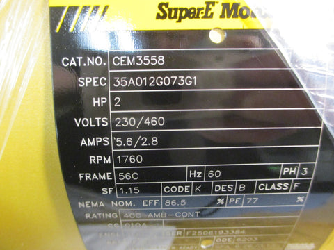 Baldor CEM3558 Super-E Motor 2HP 1760RPM 230/460V 3PH 5/8" Shaft Dia