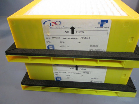 LOT OF 2 FILTRATION GROUP GEOPLEAT AIR FILTER SIZE: 24X12X4 PART# 760534