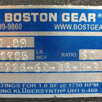 Boston Gear HF72660B5HP19 Gear Reducer 60:1 Ratio 0.89 HP 1385 Lb/In