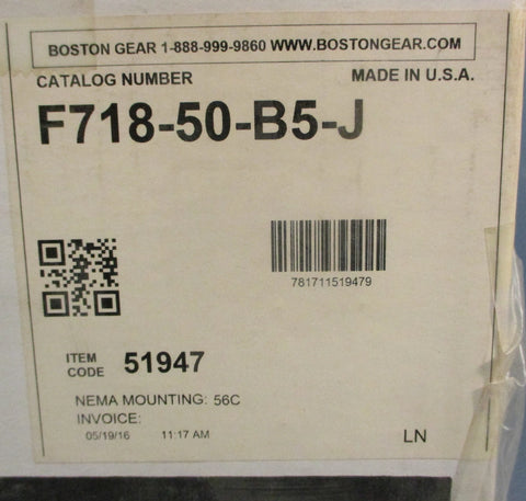 Boston Gear F718-50-B5-J Gear Reducer 50:1 Ratio 0.44 Input HP 7/8" Shaft Dia