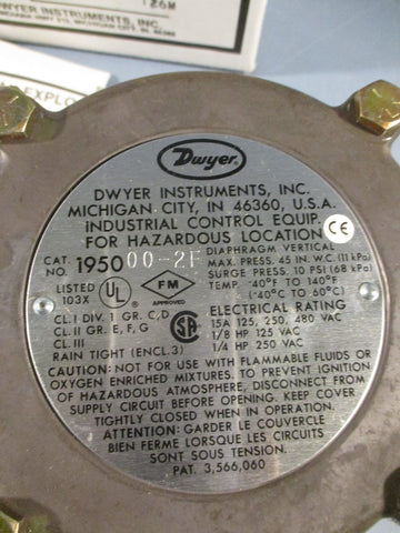 Dwyer Instruments Ser 1950 1950-00-2F Integral Explosion Proof Pressure Switch