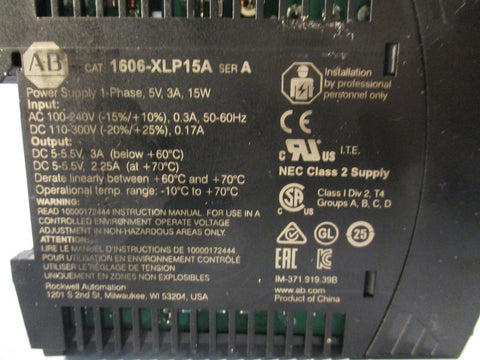 Allen-Bradley 1606-XLP Power Supply 1 PH, 5V, 3A, 15W Series A 1606-XLP15A