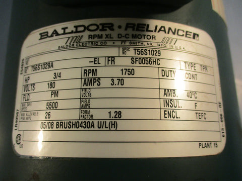 Baldor Reliance T56S1029 RPM X-L DC Motor 3.7A 180V 3/4hp 1750RPM