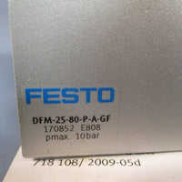 FESTO CARRIAGE & SLIDE, LINEAR GUIDE 80 MM STROKE DFM-25-80-P-A-GF 170852