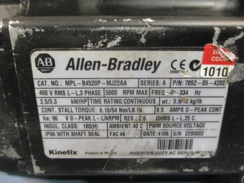 Allen Bradley Inverter Duty AC Servo Motor, 2.5/3.3kW/H Ser. A MPLB4520PMJ22AA