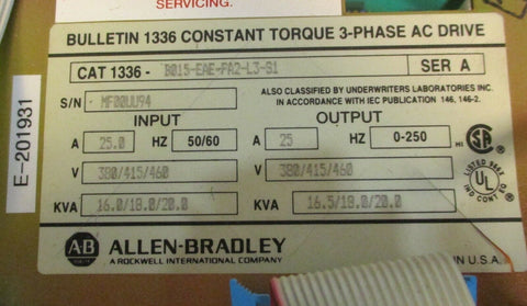 Allen Bradley 1336-B015-EAE-FA2-L3-S1 Series A, 3 PH Constant Torque AC Drive