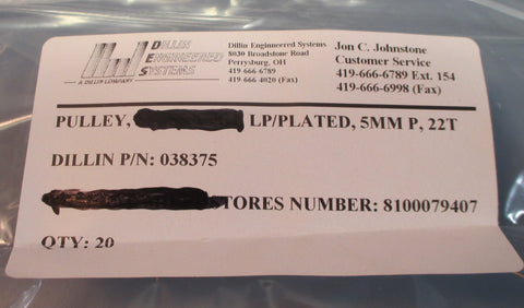 Lot 2 Dillin Engineering 038375 No Flange Timing Pulley 5mm Pitch 22 Teeth NWOB
