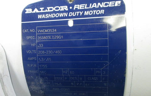 Baldor Washdown VWDM3534 0.33 HP Gearmotor w/ Quantis BB383CN56C 8.85:1