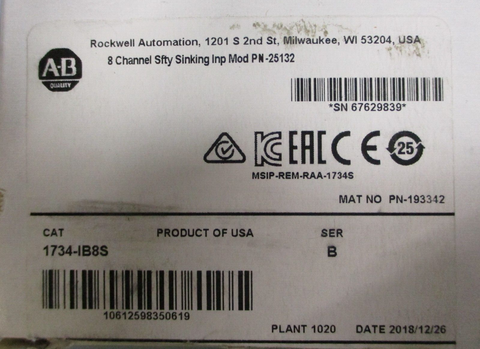 Allen Bradley 1734IB8S Ser. B 8 Channel Safety Sinking Input Module 193342