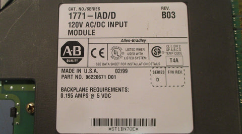 Allen Bradley 1771-IAD/D Rev. B03 120V AC/DC Input Module Series D Used