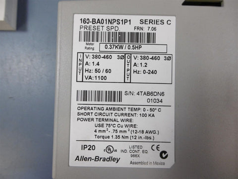 New Allen Bradley 160-BA01NPS1P1 Series C 50/60HZ 380-460V .5HP .37KW AC Drive