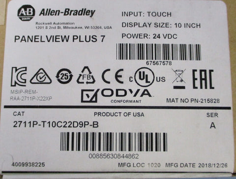 Allen Bradley 2711P-T10C22D9P-B Ser. A Panelview Plus 7 Display Size 10", 24VDC