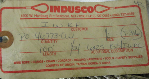 Indusco 6x25 Stainless Steel IWRC Wire Rope 1/2" (T316) 100' Long