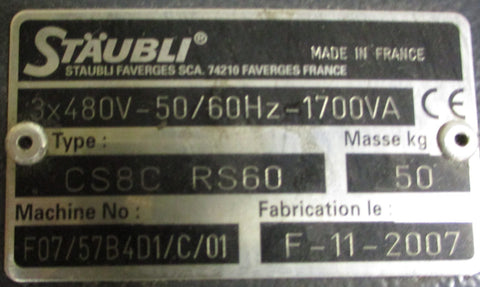 Staubli CS8C RS60 Robot Controller 3x480V-50/60Hz-1700VA CS8CRS60