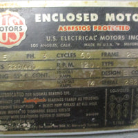 US Motors Asbestos Protected Motor 5HP Type J 1200RPM 254U Frame 13/8" Shaft Di