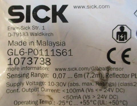 Sick GL6P0111S61 Photoelectric Sensor 1073738 0.076m Range 1030V