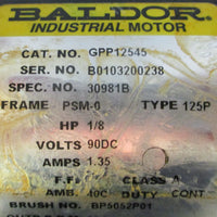 Baldor GPP12545 Gearmotor 90 VDC 1/8 HP 40:1 Ratio 62.5 RPM 5/8" Shaft Dia