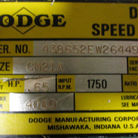 Dodge CM21A Speed Reducer 288:1 Ratio .65HP Max 1750RPM 4060LBIN 11/2" Shaft D