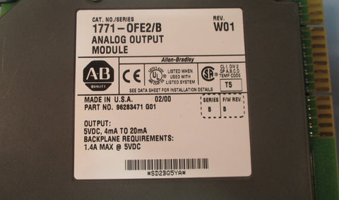Allen Bradley 1771OFE2/B Rev. W01 Analog Output Module Series B