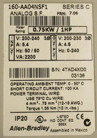 Allen Bradley 160AA04NSF1 Series C 0.75 KW 1HP analog OAT  0 50 Deg