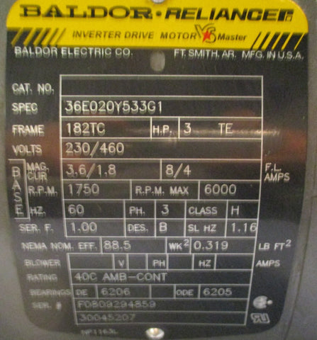 Baldor Inverter Drive Electric Motor 1750 Rpm 1.00 Sf 230V 60Hz