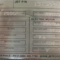 JBT Foodtech AMPH132SZA2 Electric Motor 151522K 7.6 HP 3540 RPM 11/2" Shaft Dia