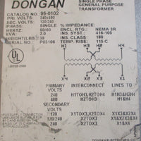 Dongan 950102 Single Phase General Purpose Transformer 240/480V 2kVA 50/60Hz