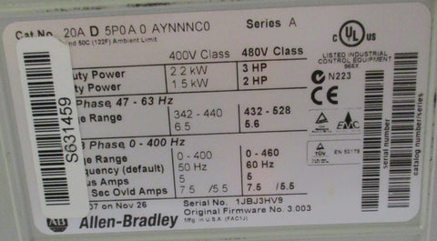 Allen Bradley Powerflex 70 20AD5P0A0AYNANC0 Variable Frequency Drive