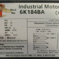 Dayton 6K184BA Industrial Motor 1PH 1/2HP 3450RPM 115/208-230V 5/8" Shaft Dia