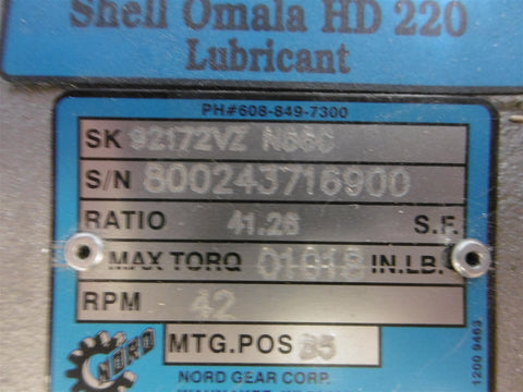 New Nordson 92172VZ N56C 41.26:1 1018 In Lb TQ 42RPM B5 Position Reducer